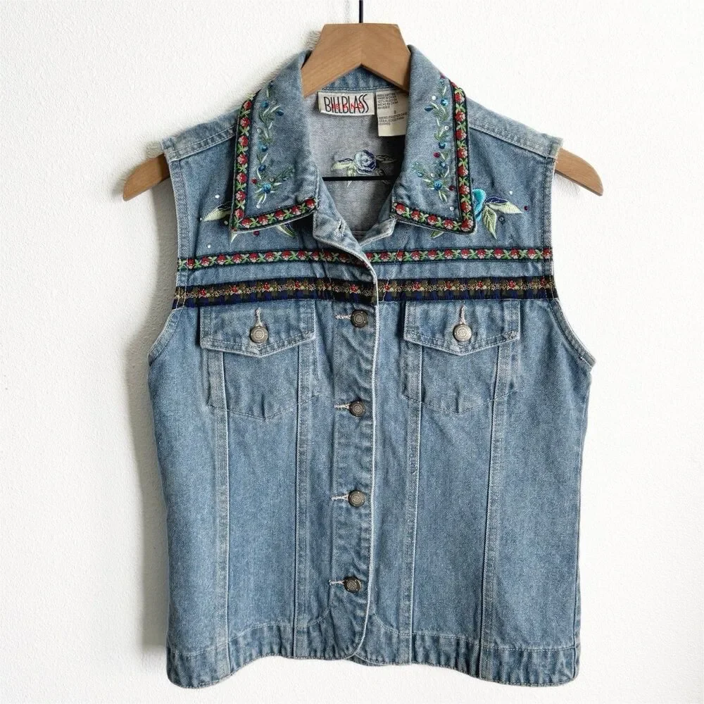 Vtg Y2K Bill Blass Vest Womens Small Blue Embroidered Festival Boho Hippie Denim